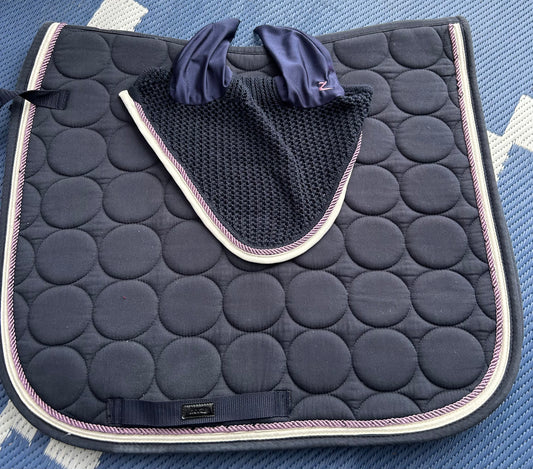 Horze navy and purple dressage pad and bonnet set