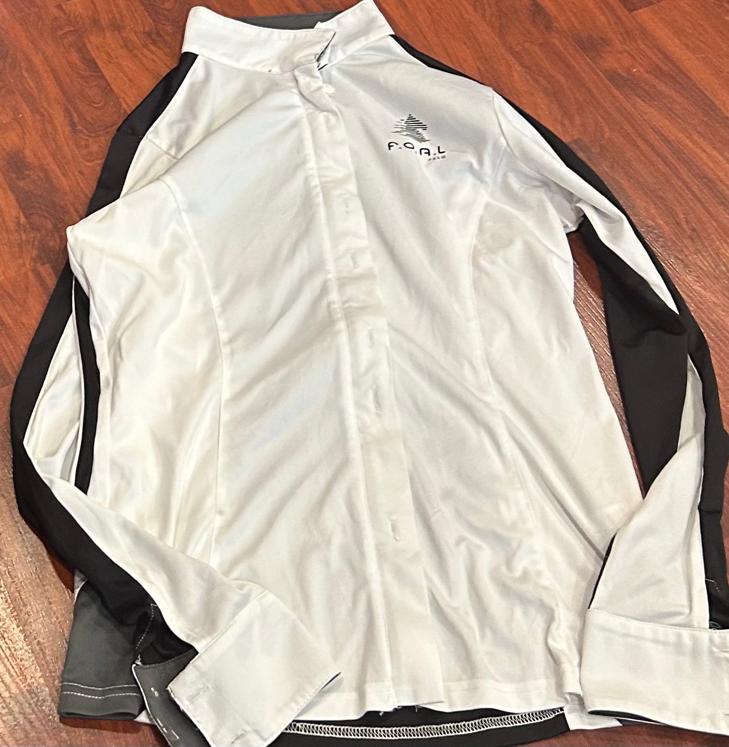 F.O.A.L. Medium white/black long sleeve show shirt. Button closure