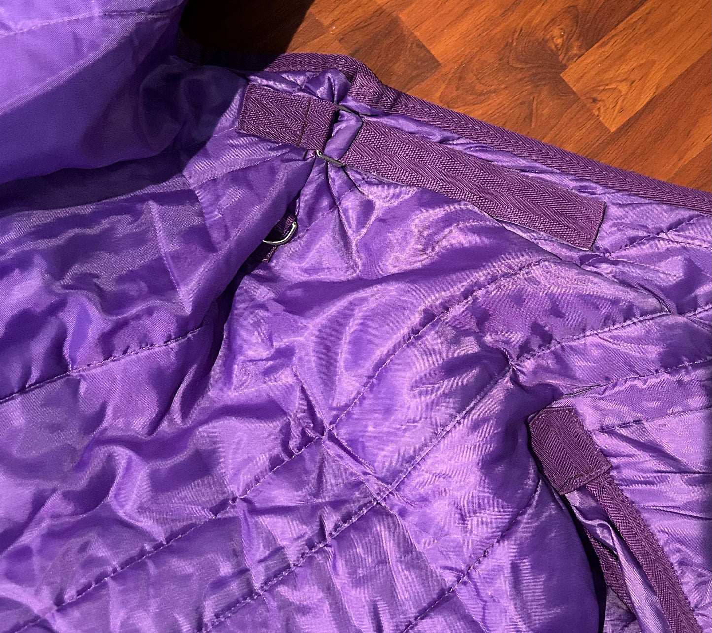 92” derby liner /stable blanket. Purple. Adjusts at neck.