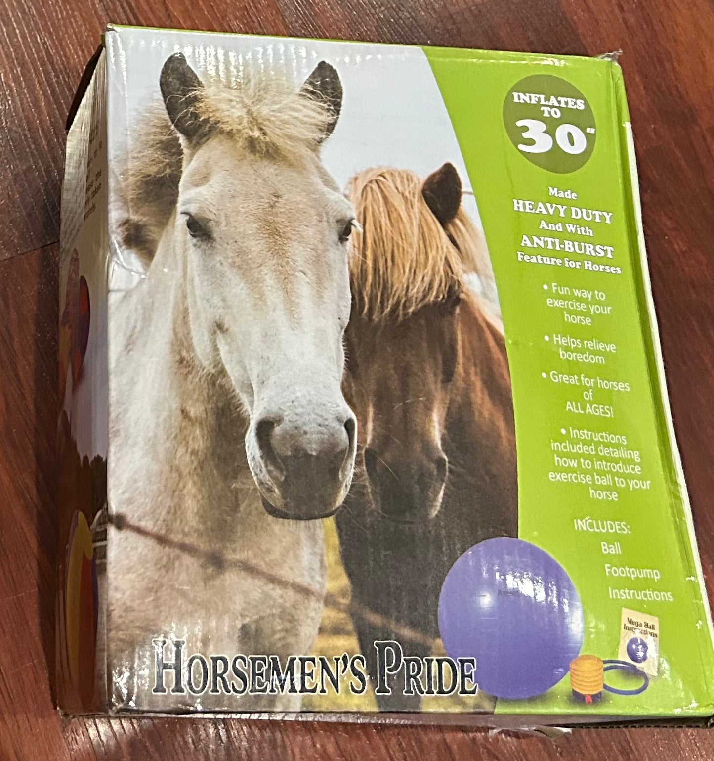 Horseman’s pride 30” blue inflatable ball. Brand new in box with pump