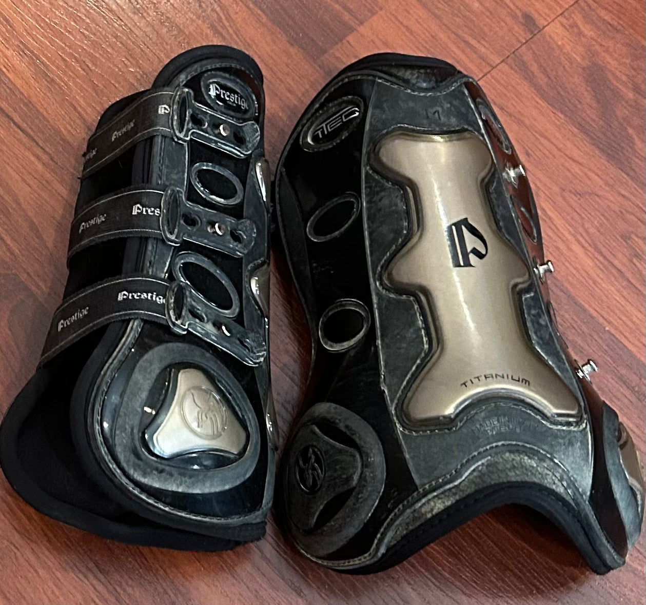 Prestige T Teq medium front boots. Black and gold. Used but decent condition