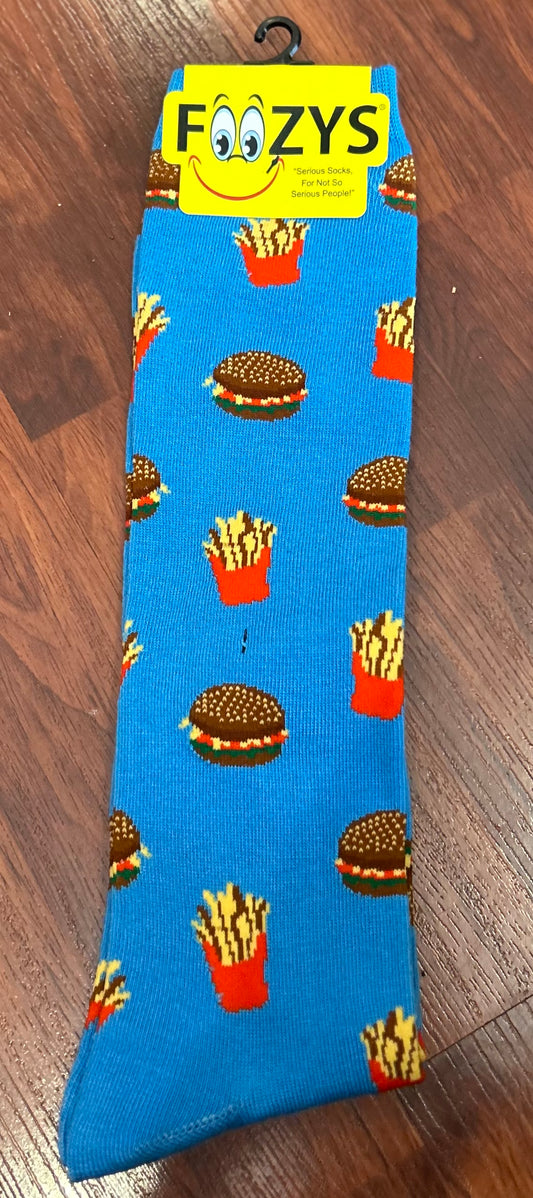 Foozy’s boot socks blue. burgers and fries.