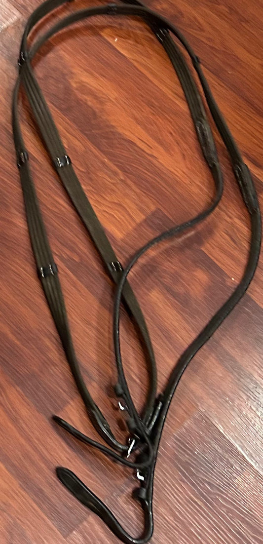 Brown webbed reins. Hook closures