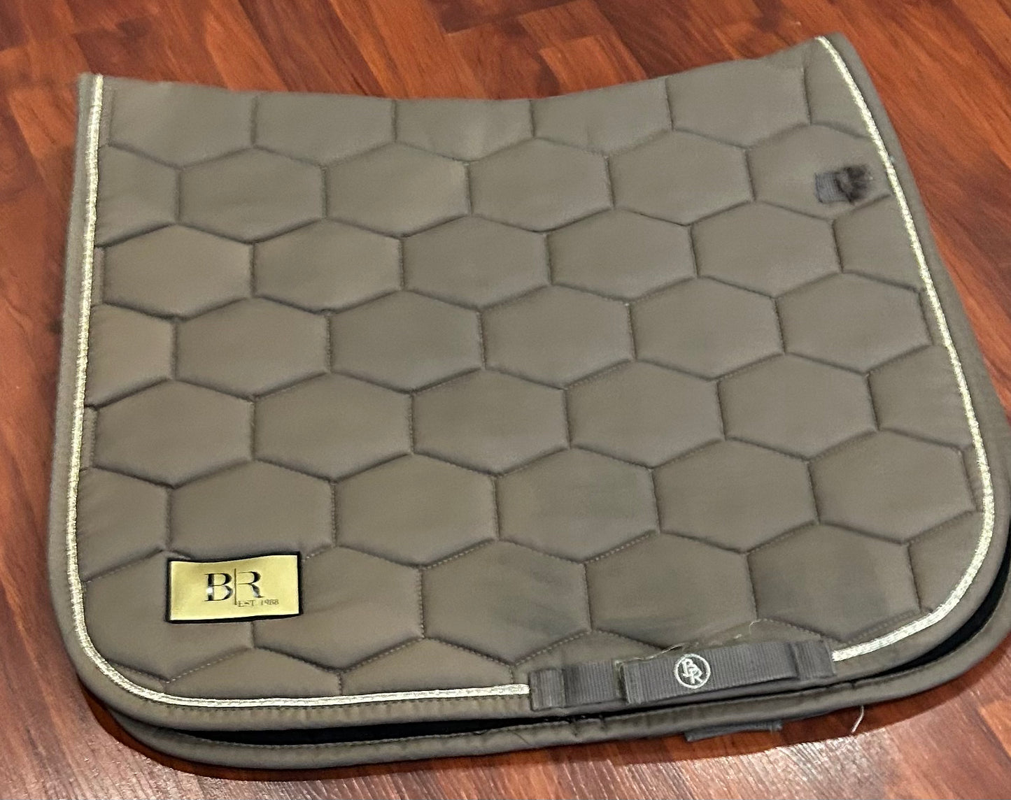 BR taupe dressage pad with gold trim