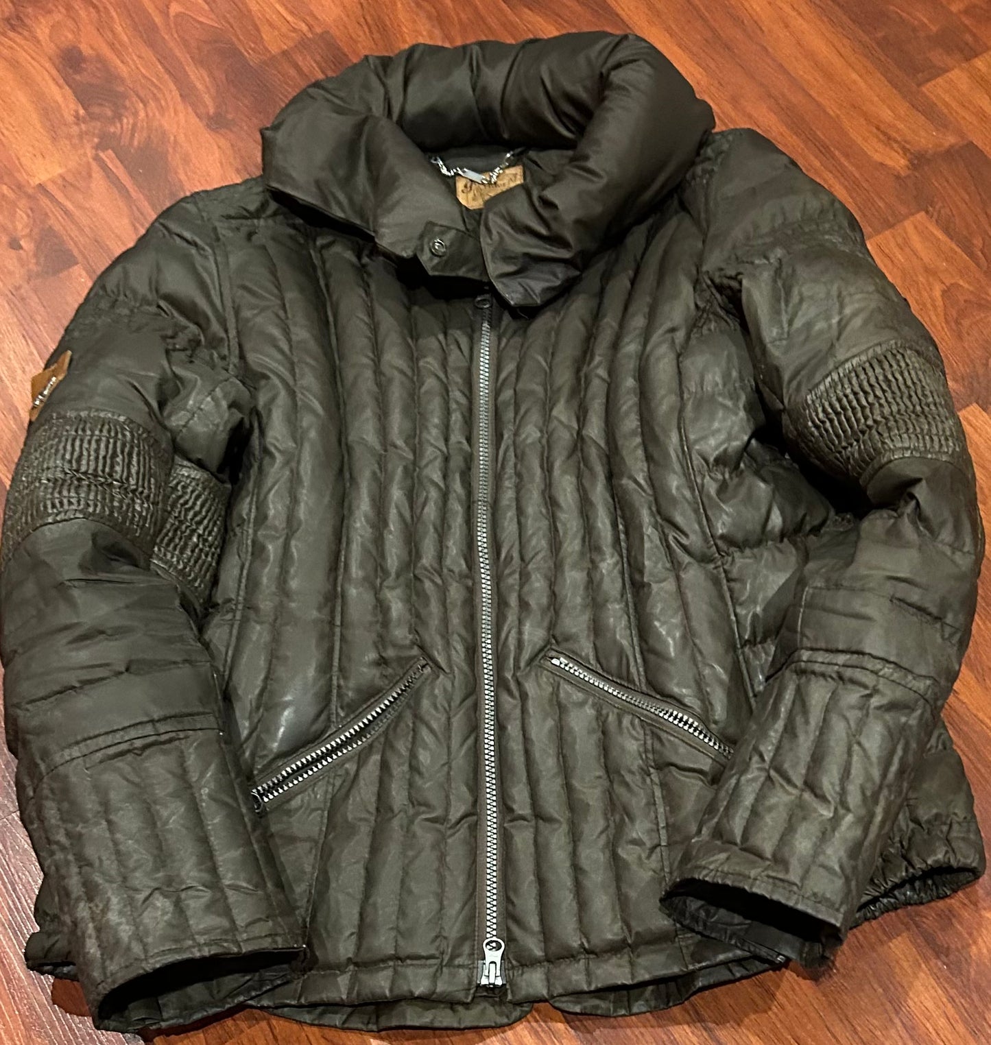 Goode Rider XL brown down jacket. Hood folds away.