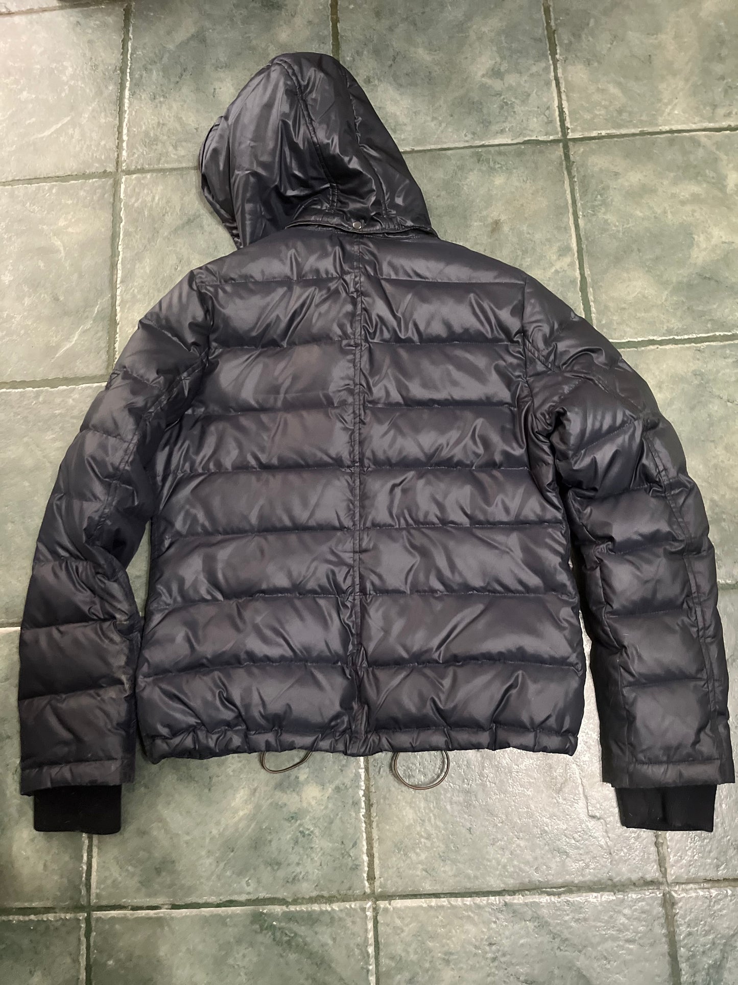 Pikeur Souvenir puffy down jacket with removable hood navy grey trim 42