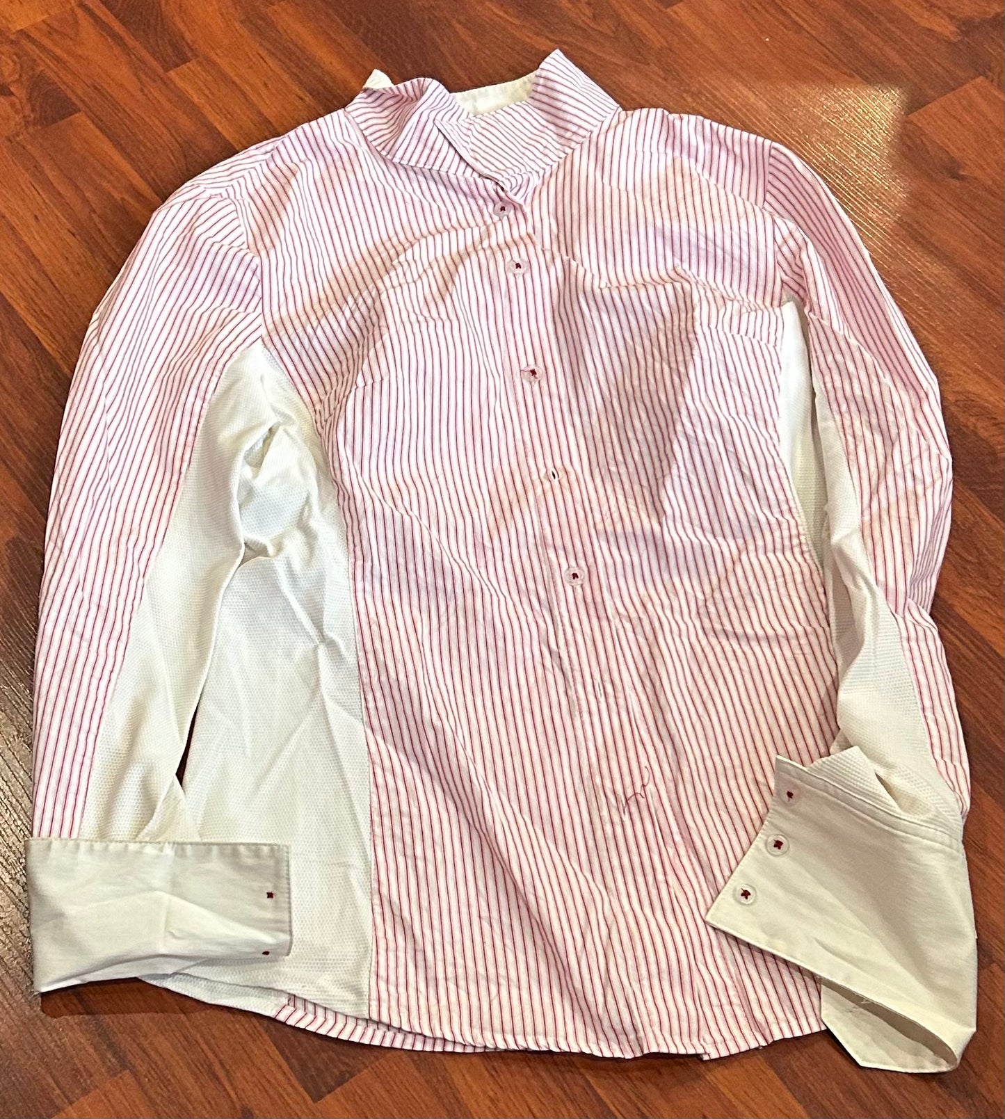 Asmar XS pink striped long sleeve show shirt. Missing button