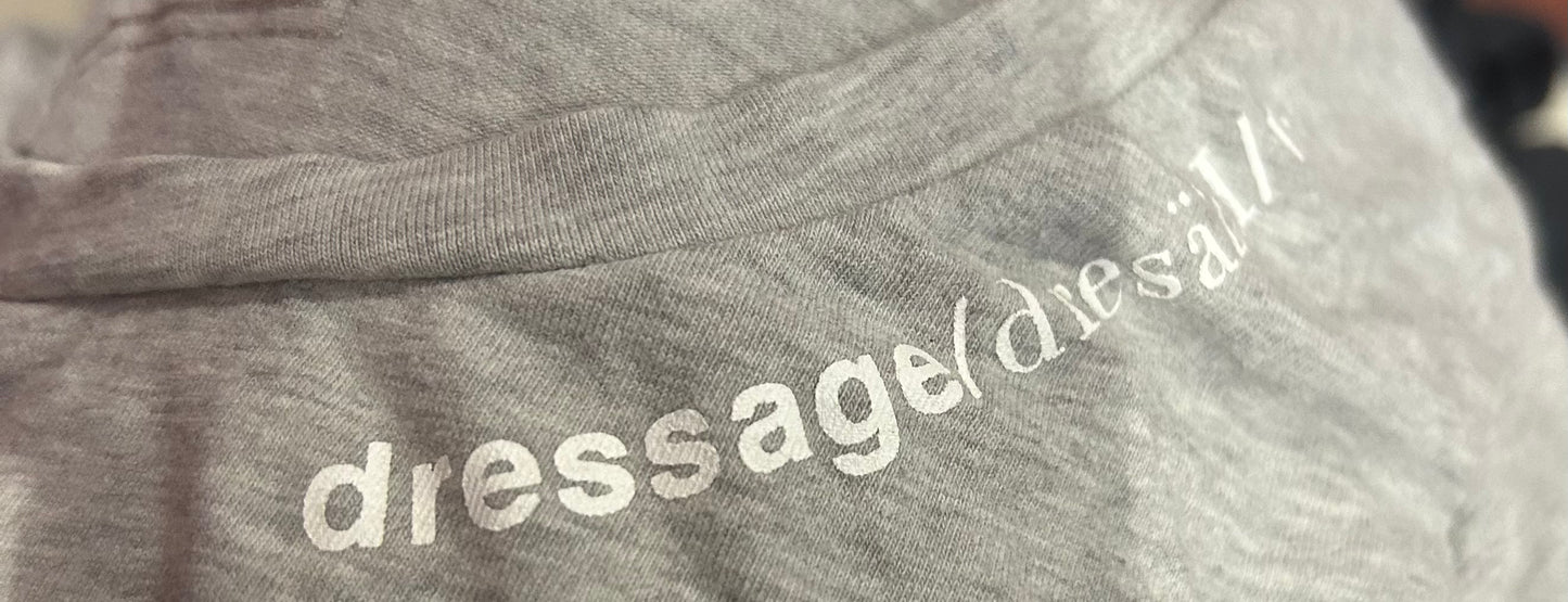 Irideon small grey short sleeve shirt. Says Dressage