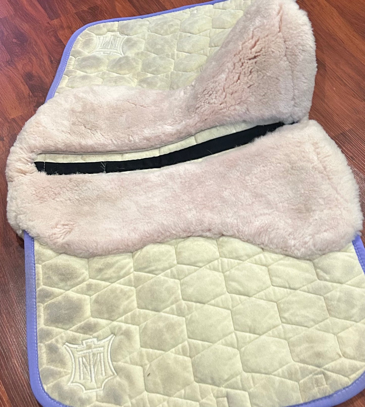 Mattes medium sheepskin dressage pad light blue with lilac and teal trim and light pink sheepskin