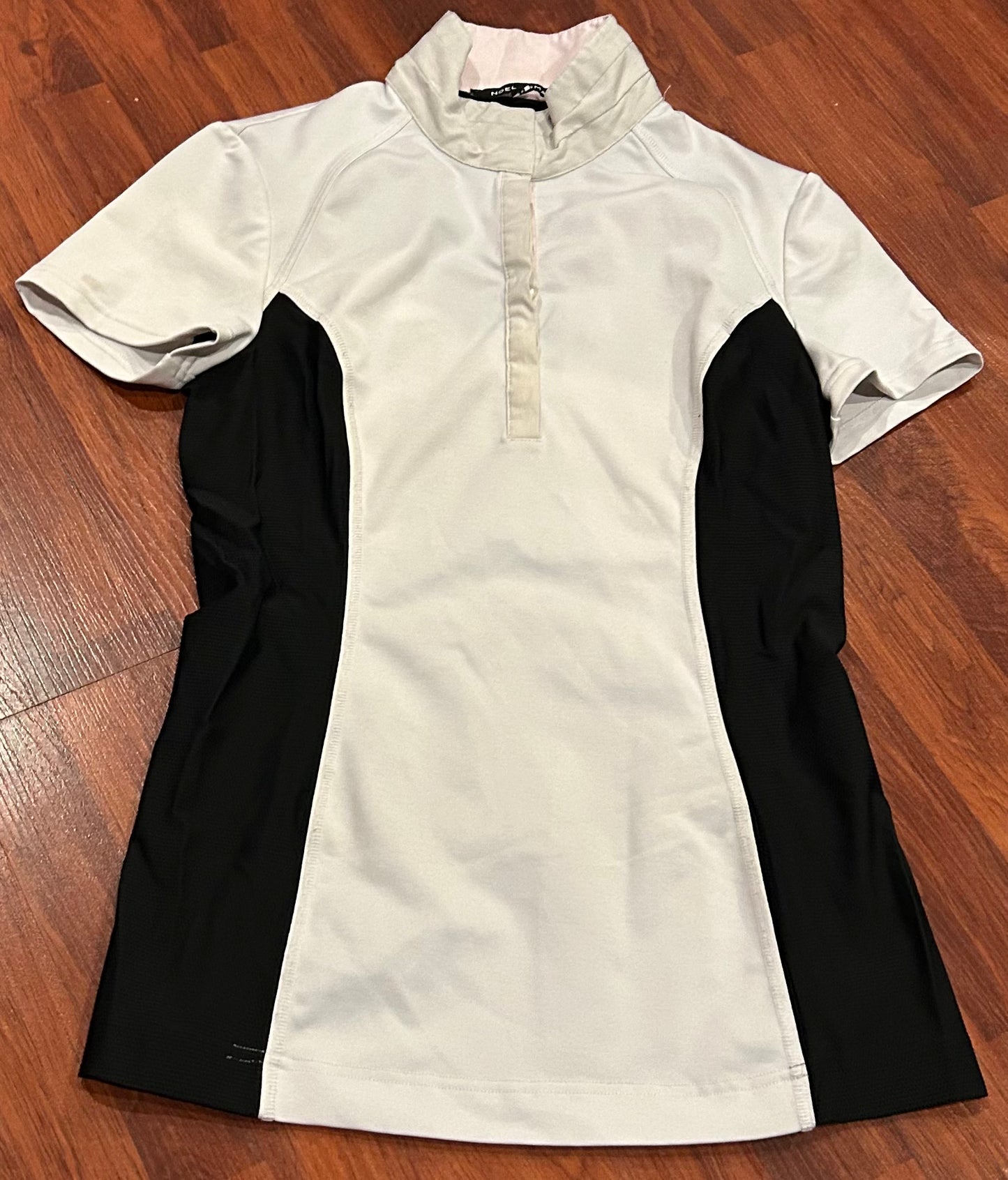 Asmar XS white with black thicker material show shirt. Some stains