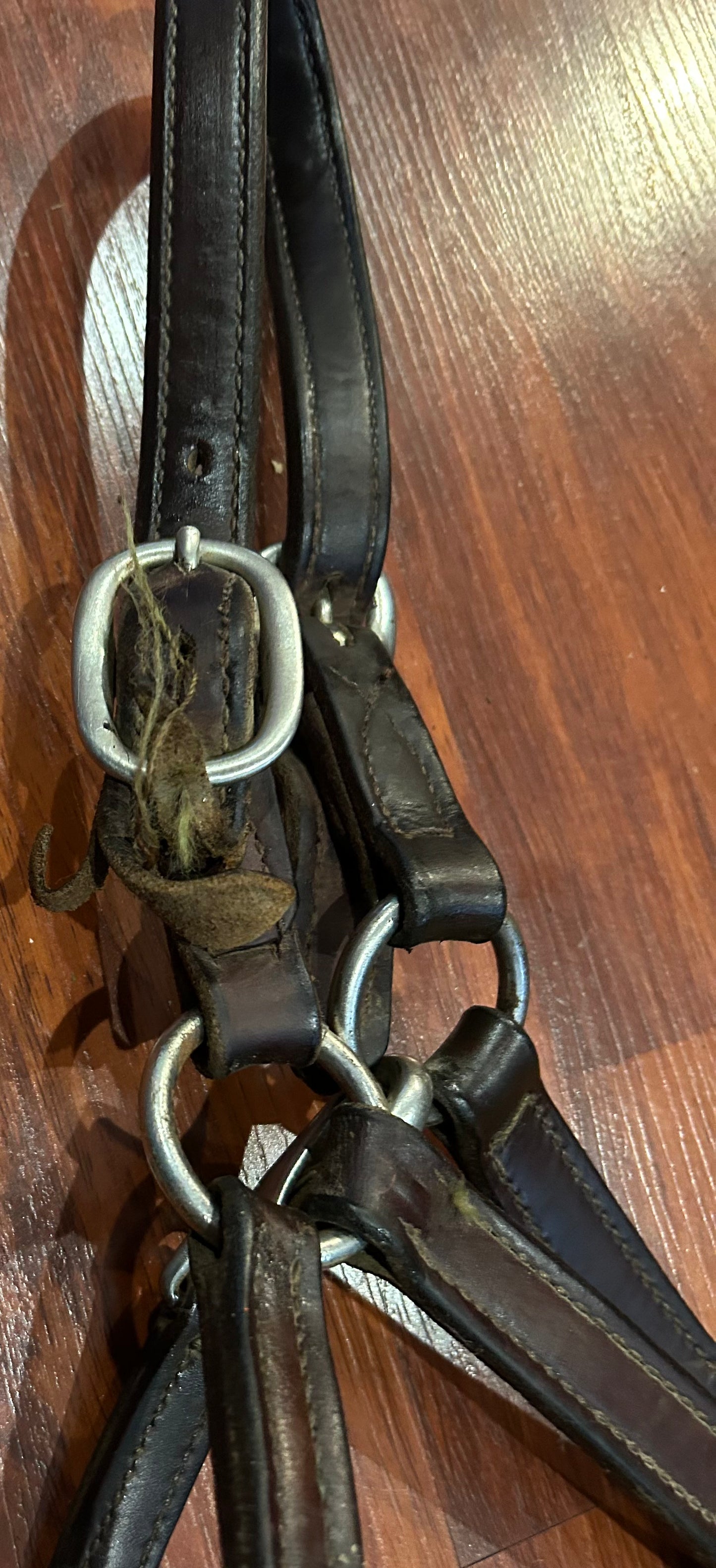 Brown leather halter full size. Damage to crown piece.