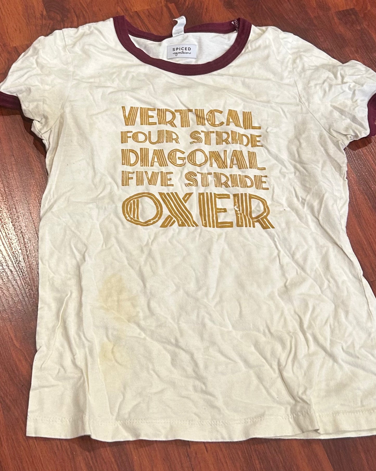 Spiced equestrian medium shirt “vertical four stride…” cream and burgundy shirt. stained