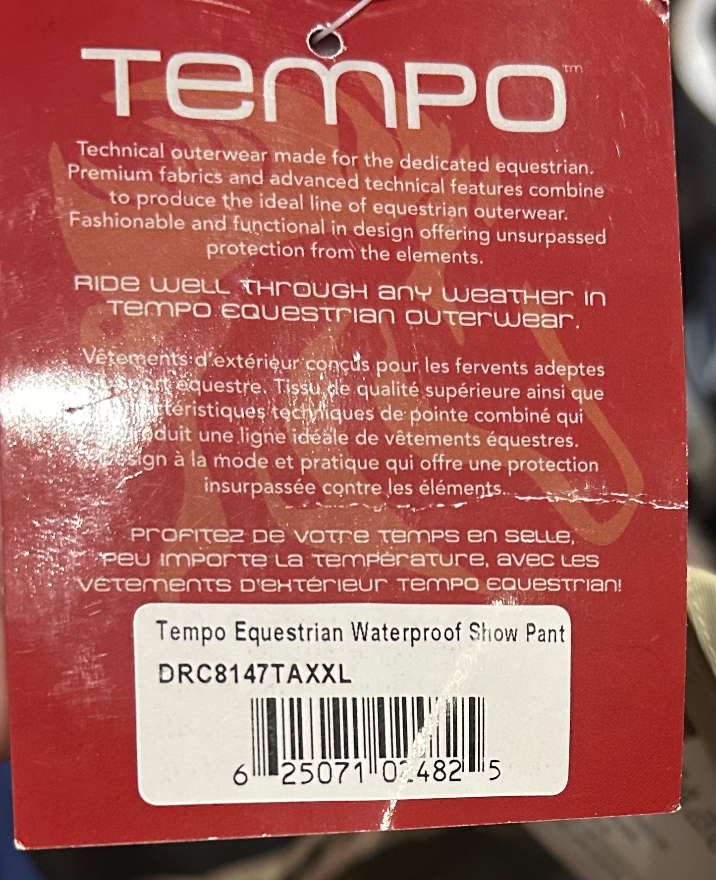 Tempo 2XL waterproof pant (over breeches). Zip off without getting off horse!