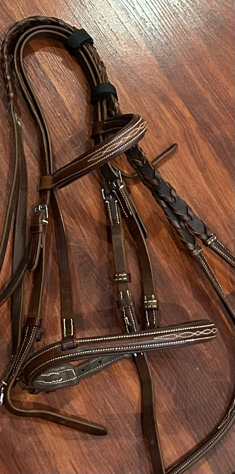 Pony size Havana fancy stitch Bridle with reins