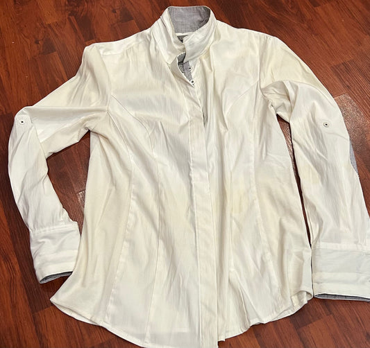 Asmar small long sleeve button up show shirt. Some stains