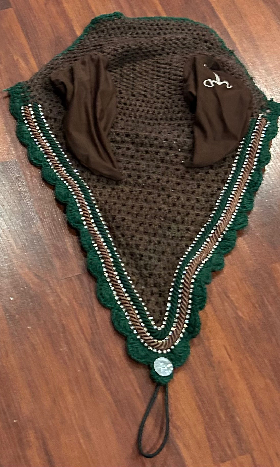 Brown/green with bling attach to noseband fly bonnet