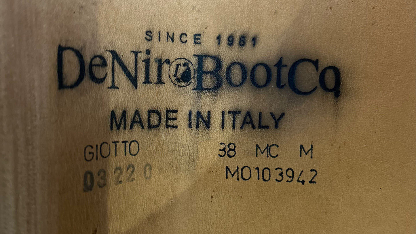 DeNiro Giotto boots 38 MC M size 7.5 15” calf 18.5” tall to ground. Patent trim.