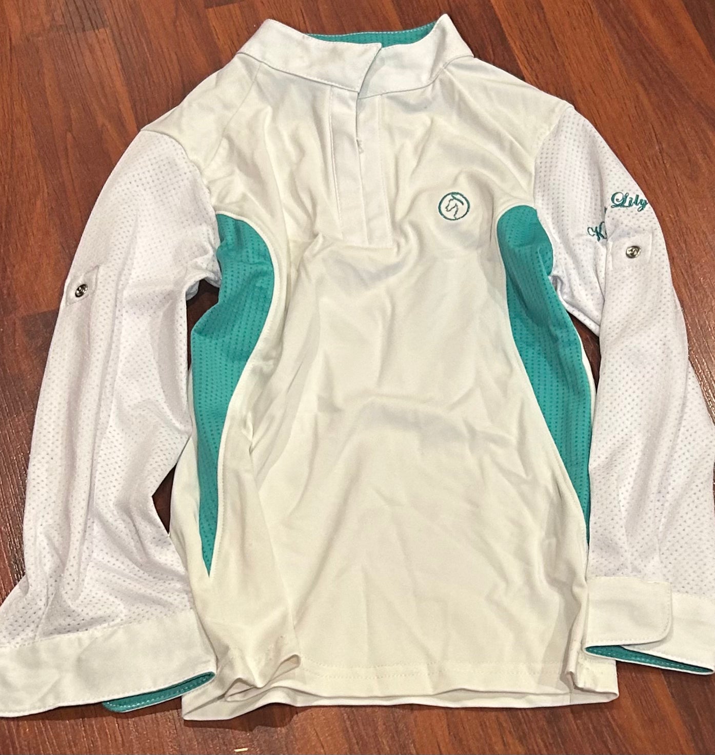 Kathryn lily Childs XS white with turquoise long sleeve shirt