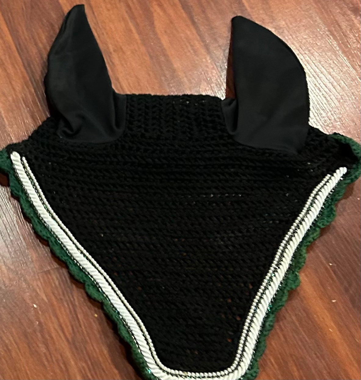 Black with green trim and bling warmblood fly bonnet