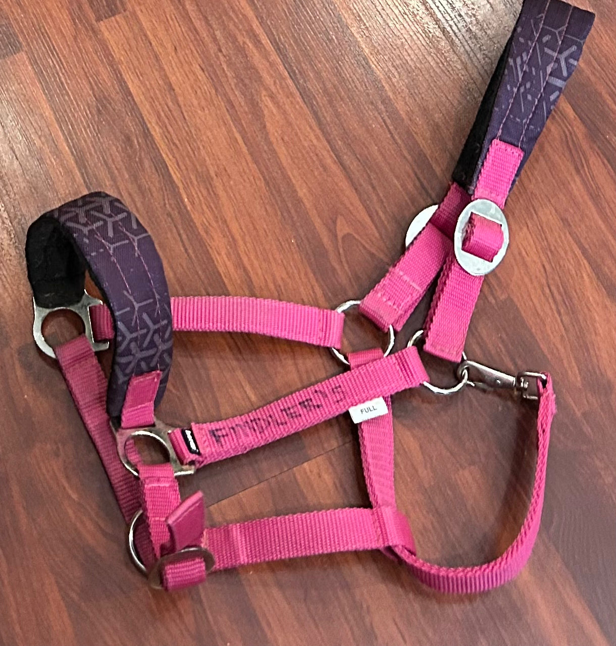 Horze pink/purple nylon halter full size. Horse name written on