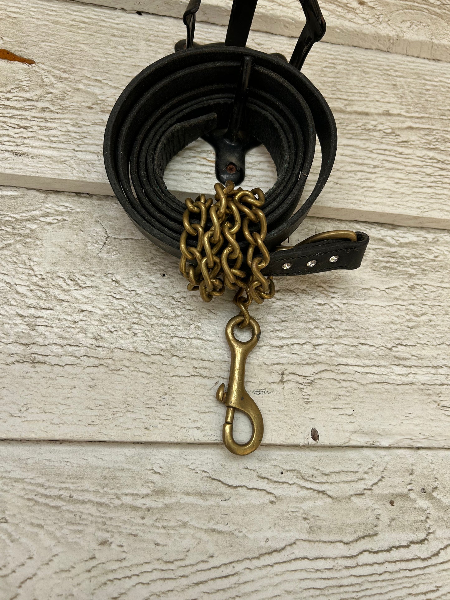 Black leather lead with chain.
