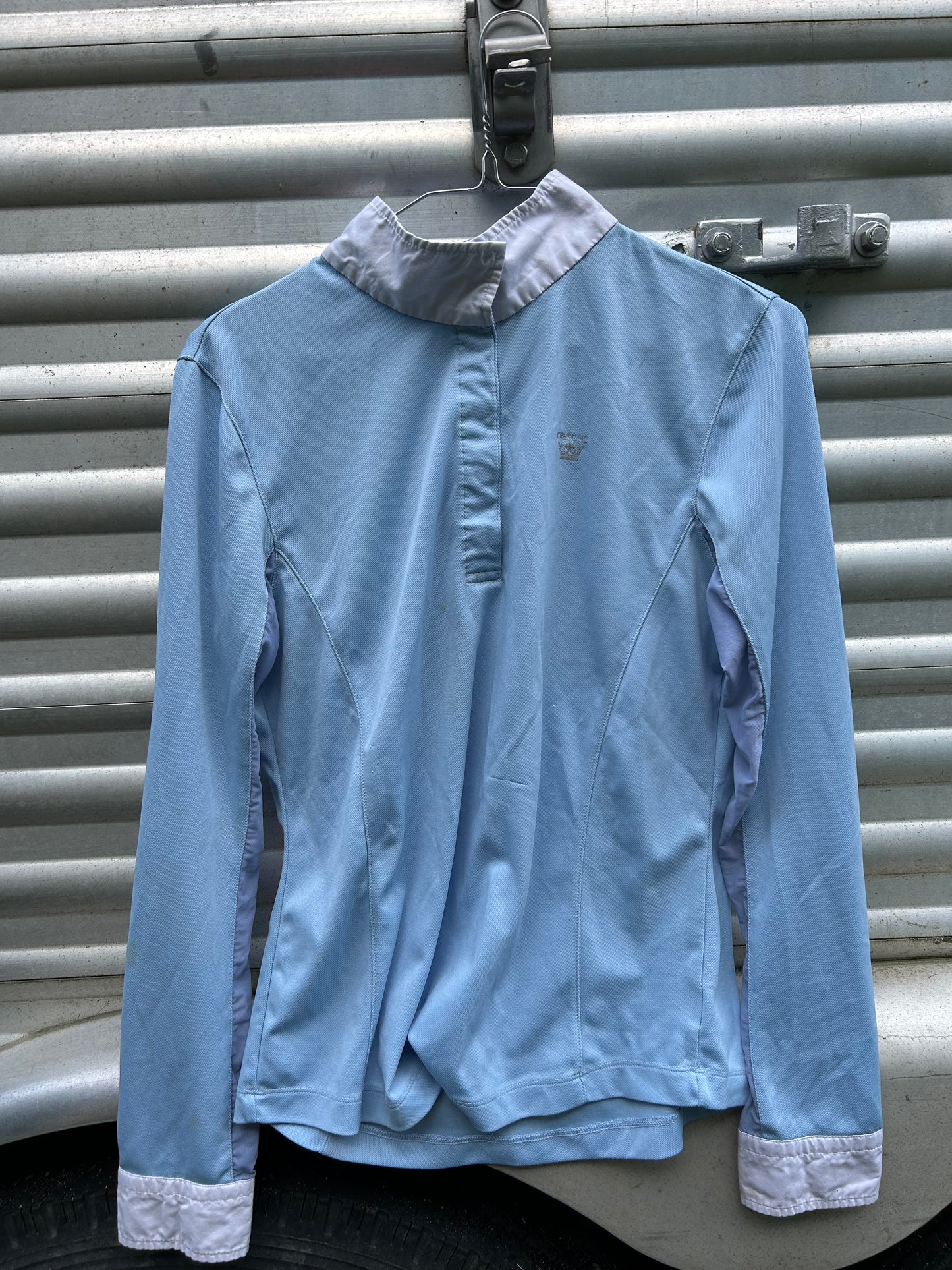 Horze crescendo size 8 (med) blue LS shirt. Stained
