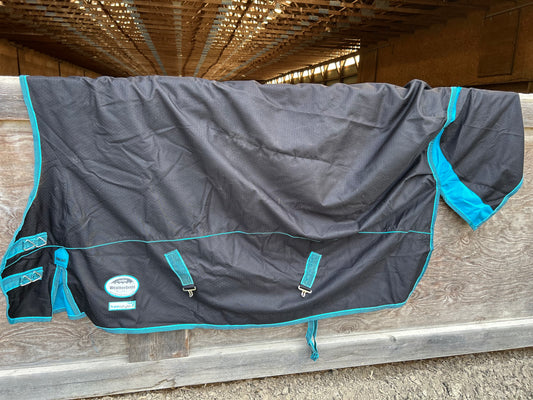 69” Weatherbeeta freestyle rain sheet. Black and teal. Minor lining rips