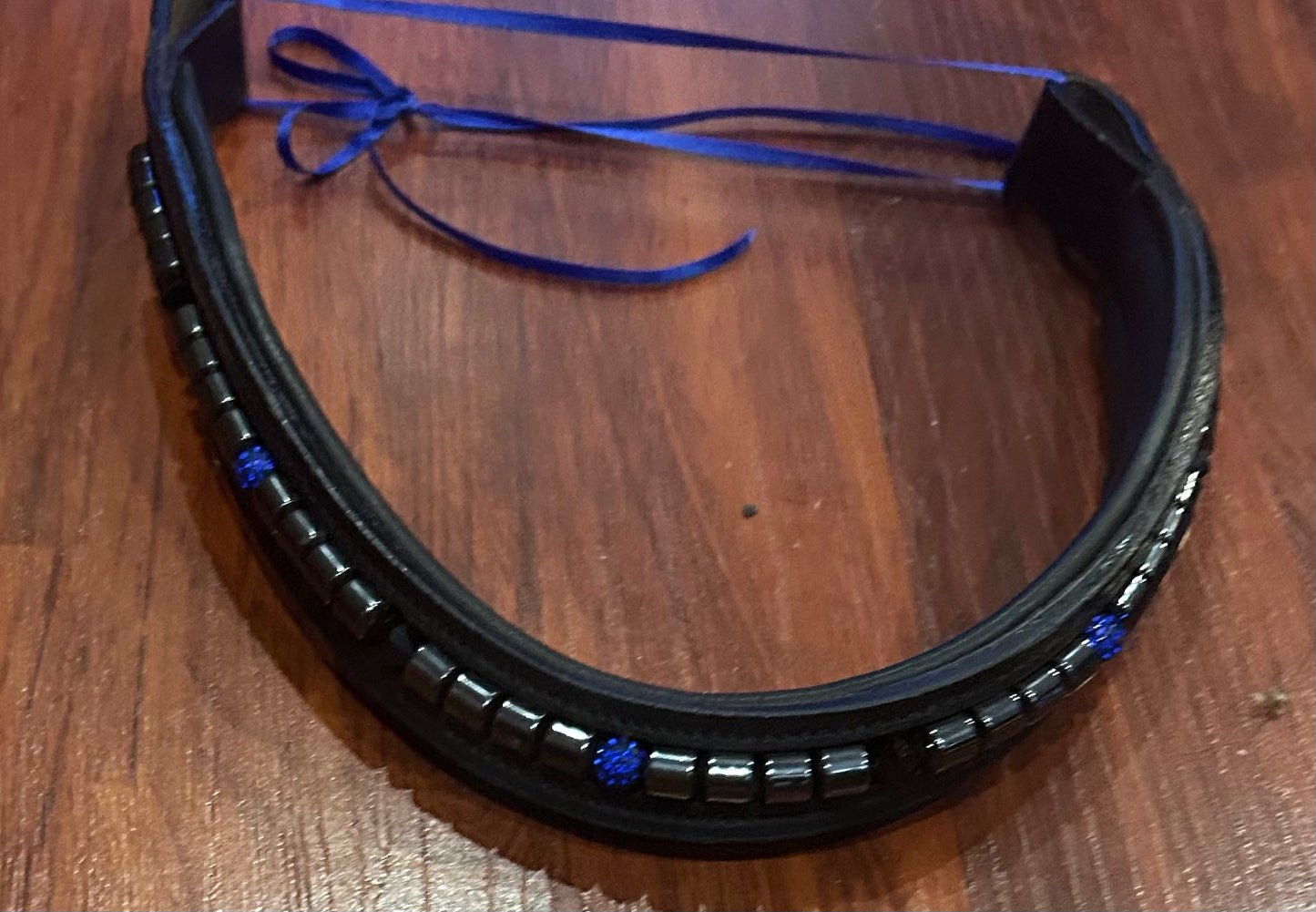Chrome horse browband black with dark and blue stones. Stunning! 18”