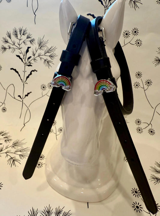 Black leather spur straps rainbow charm