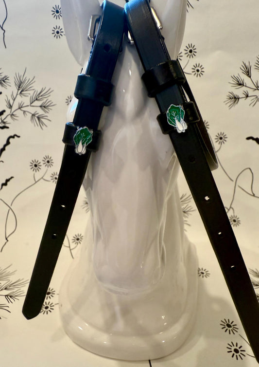 Black leather spur straps bok choy charm