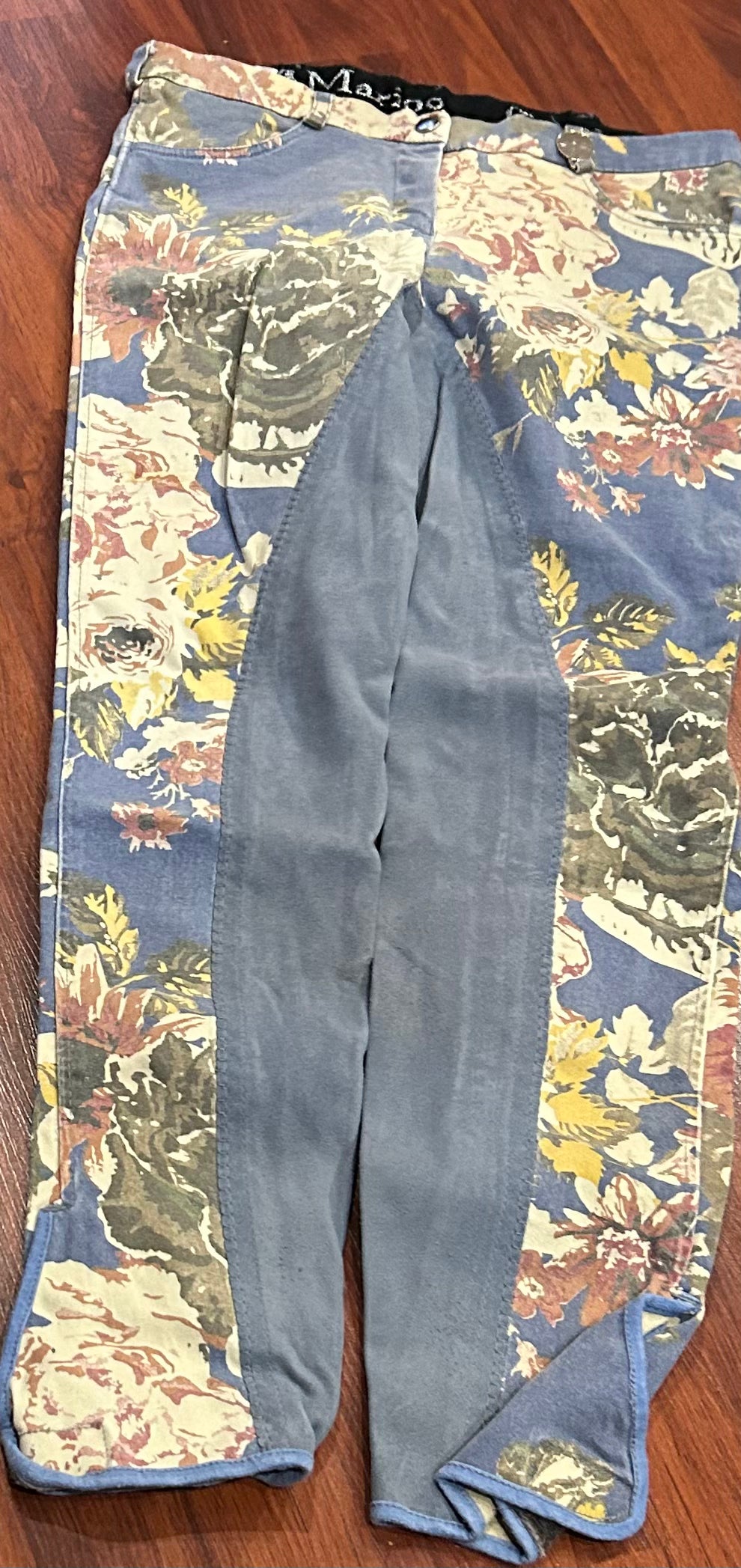Cavallino Marino size 28 blue with flowers full seat breeches