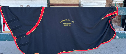 Large fleece cooler with neck. Black with red and yellow embroidery.