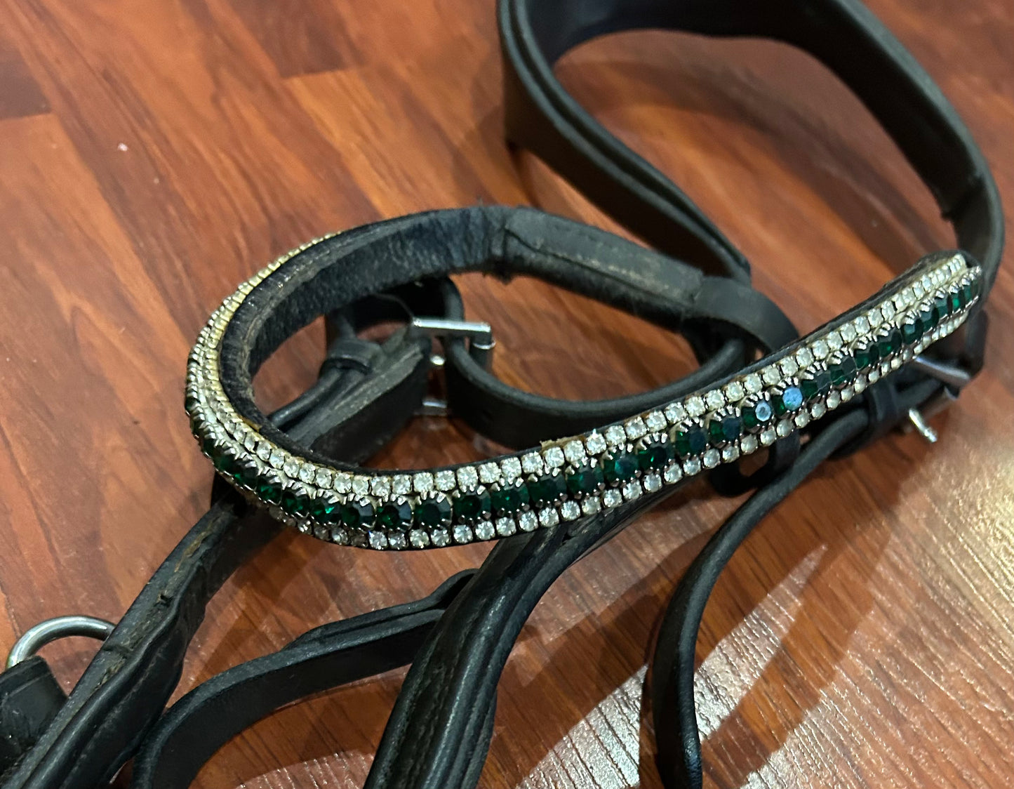 Micklem warmblood black bridle. Green crystal browband (not Micklem) stones loose ok one side