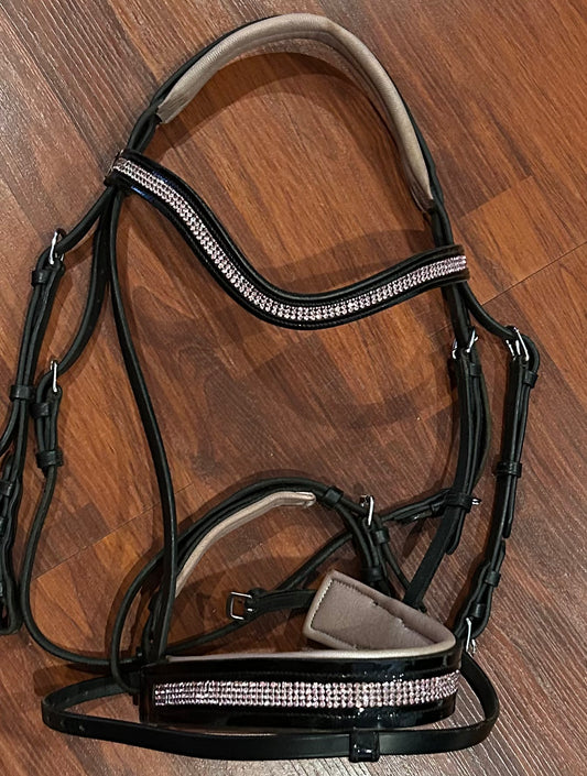 FSS full size pink padded / stones with patent bridle. Missing a couple of stones