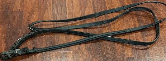 Dark brown raised leather reins with hand stops. Silver buckles. Some damage at end buckle.