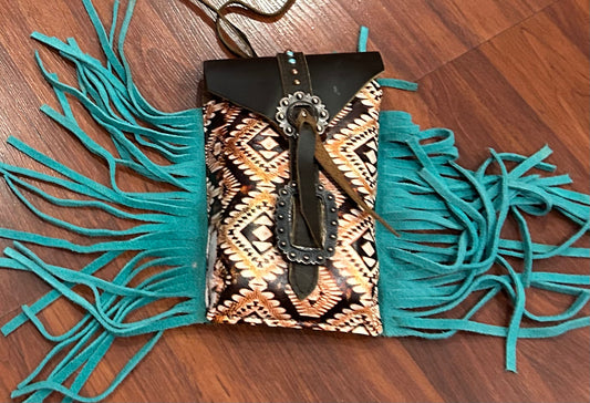 Saddle bag with teal fringe