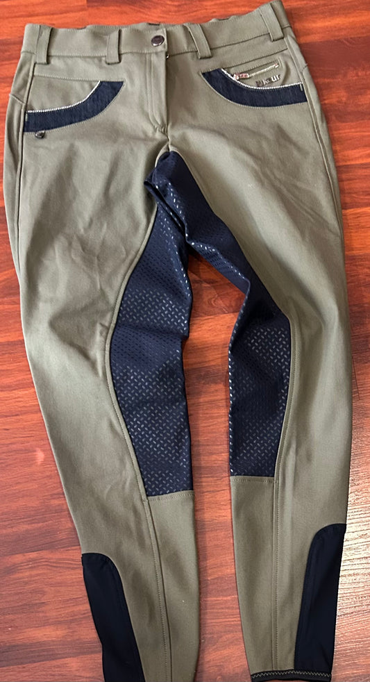 Pikeur sports size 28 green / navy silicone full seat breeches.