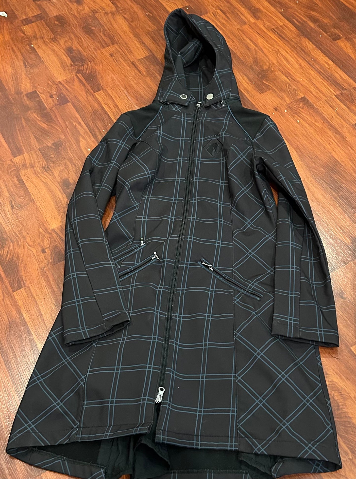 Arista XS blue plaid riding rain jacket. Removable hood, zippers up back and sides.