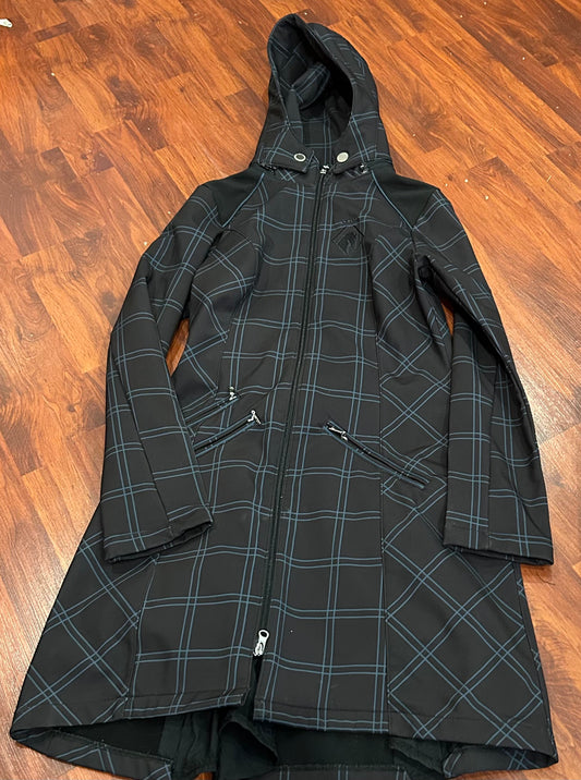 Arista XS blue plaid riding rain jacket. Removable hood, zippers up back and sides.
