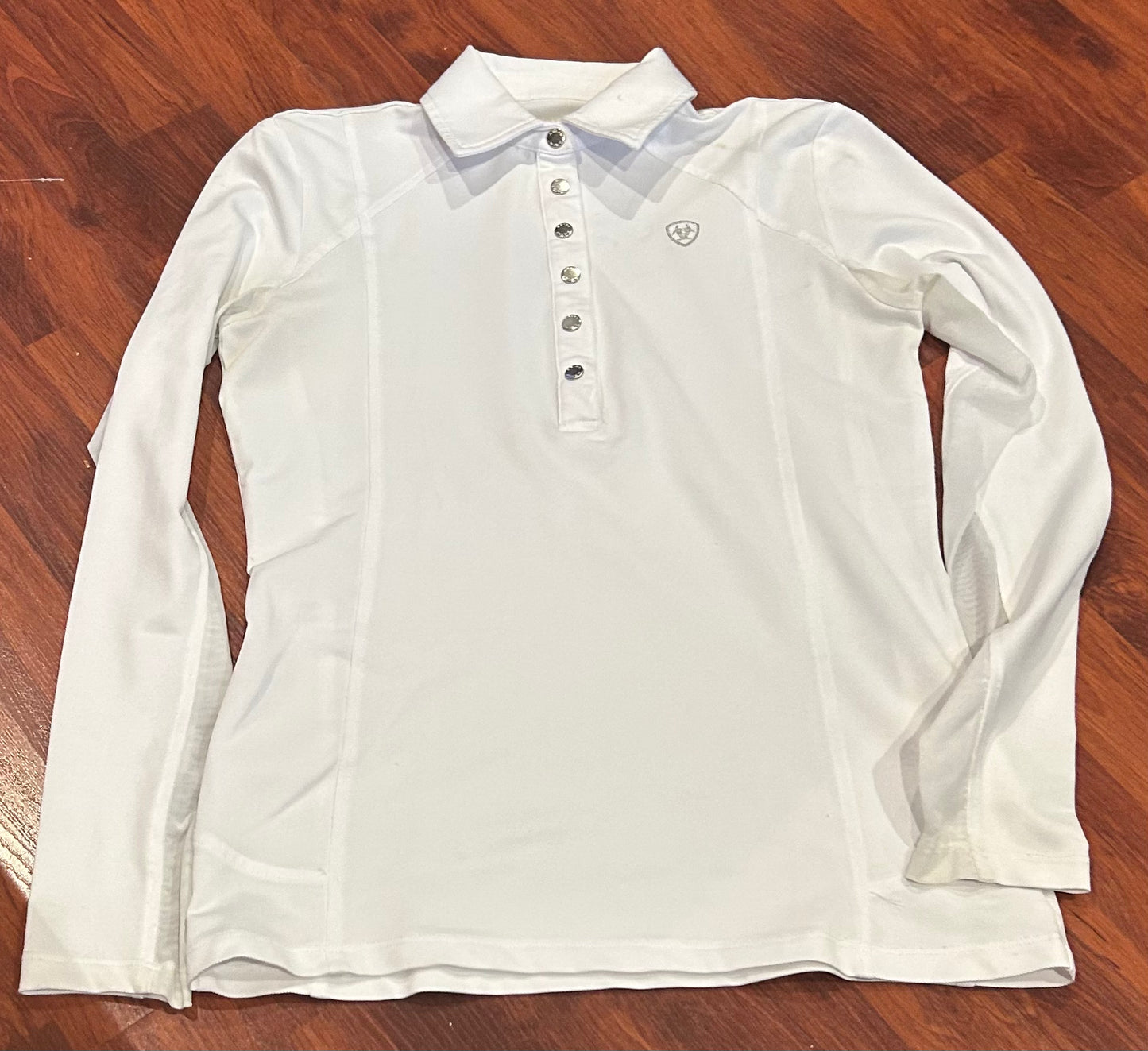 Ariat small long sleeve show shirt white button 1/4. Mesh under arms.