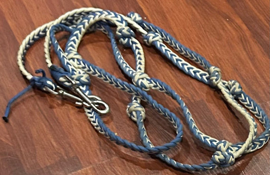 Blue/white braided gaming reins with knots and clips