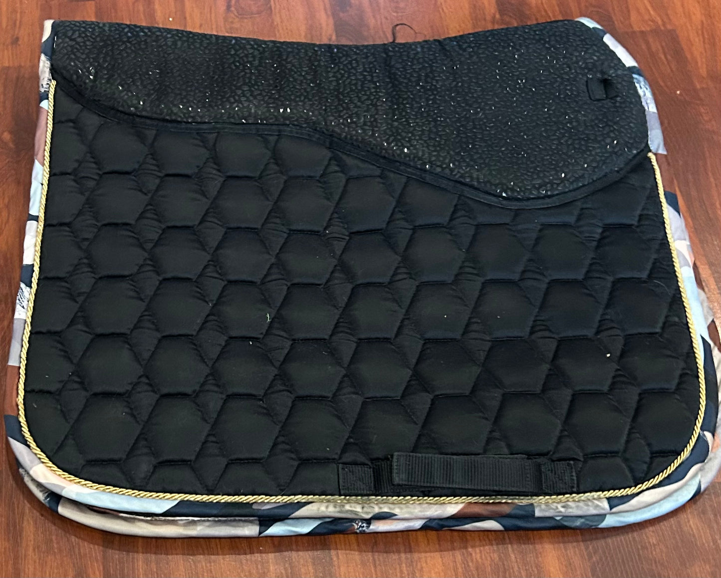 Horze black with many colour trim dressage pad. Padded saddle area