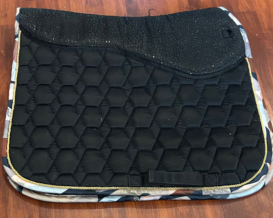 Horze black with many colour trim dressage pad. Padded saddle area