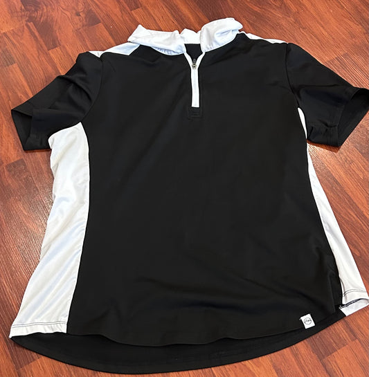 large black/white shirt sleeve 1/4 zip. Small hole in side. Stretchy