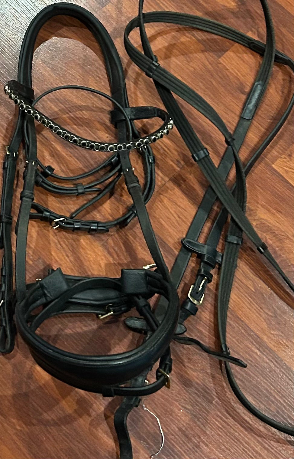 HKM snaffle bridle. Gold hardware, black stones. Matching reins included