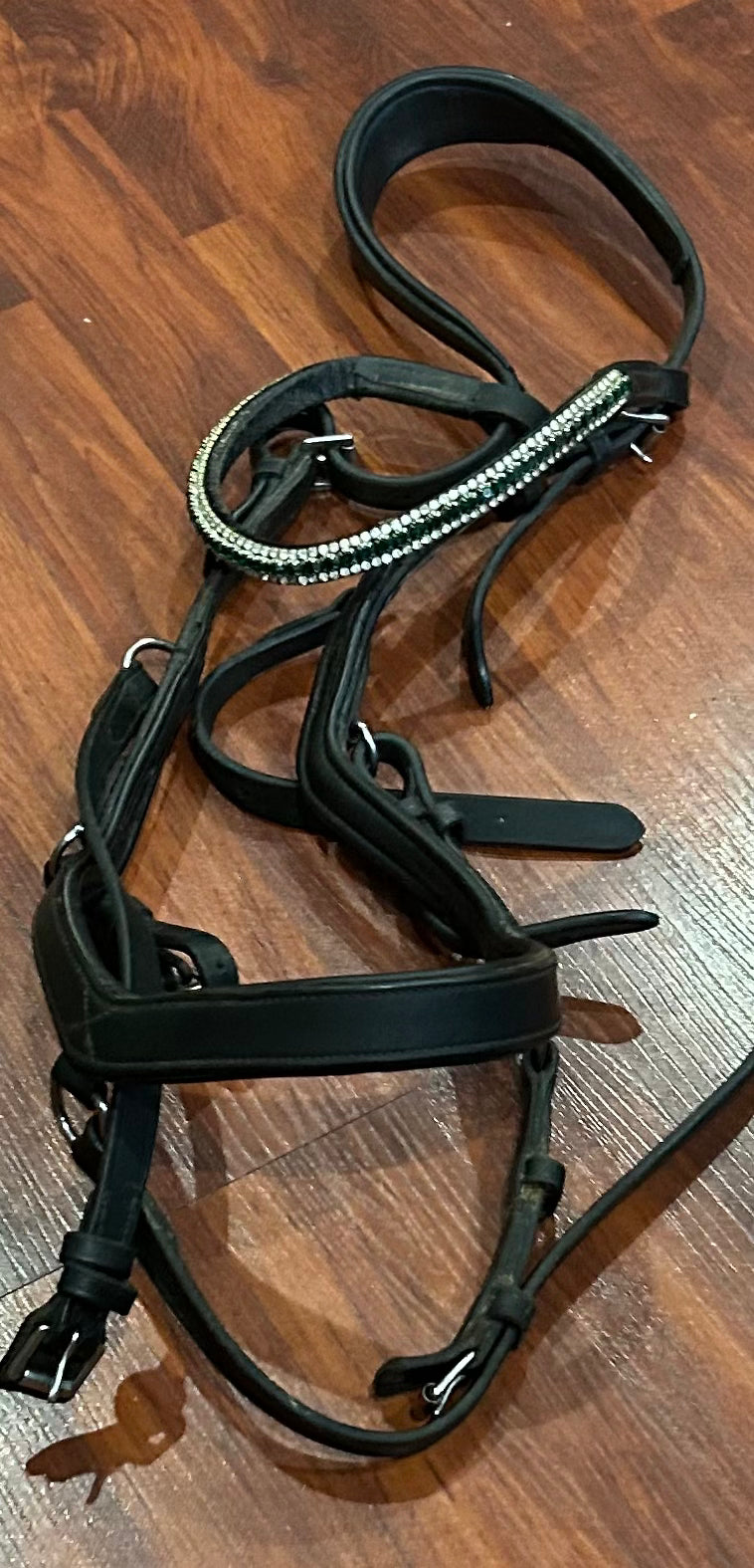 Micklem warmblood black bridle. Green crystal browband (not Micklem) stones loose ok one side