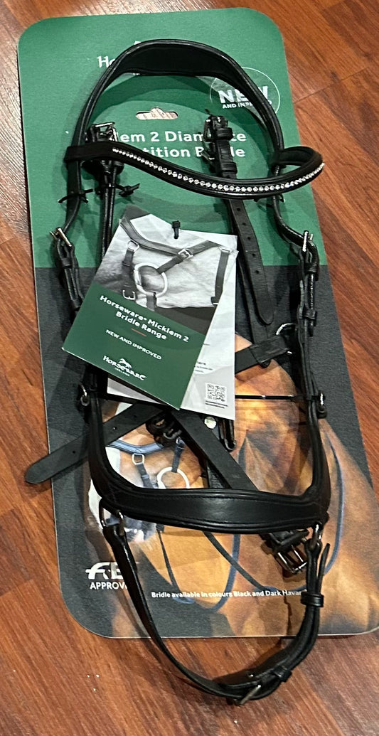 Micklem 2 Diamonte competition bridle black small horse. Brand new in packaging.