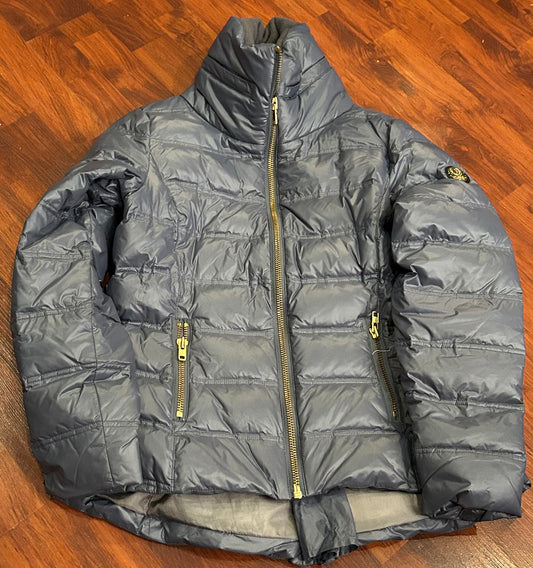 Asmar medium steel blue down jacket. Zipper up back for riding. Hidden hood
