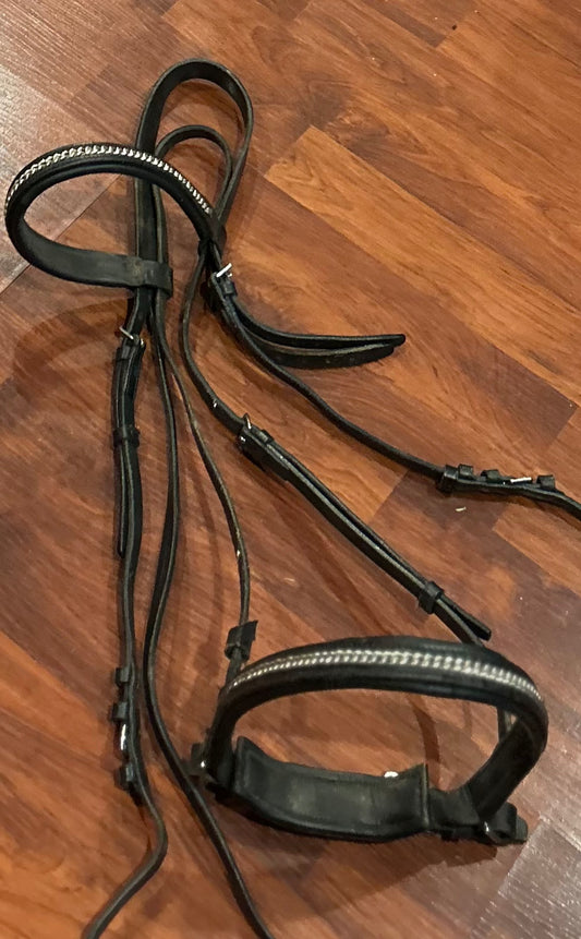 Black leather snaffle bridle with chain decoration