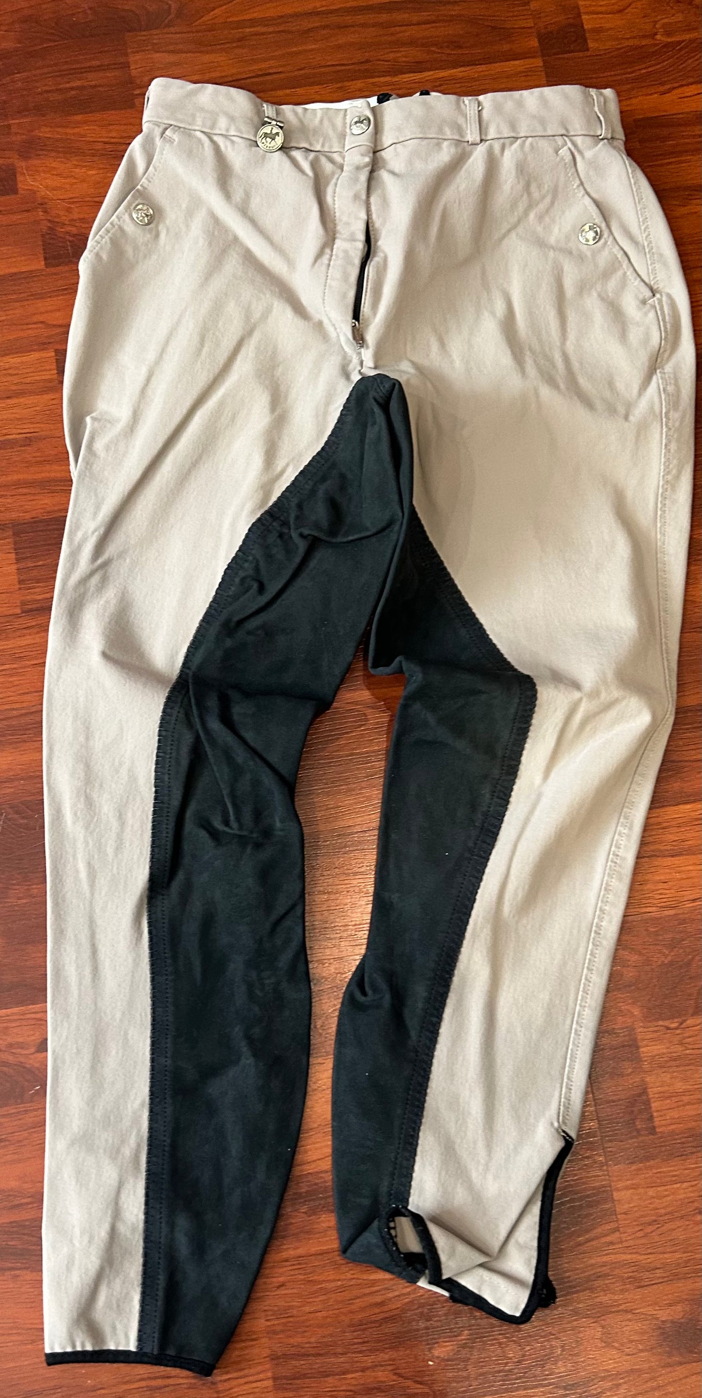 Pikeur size 28 grey with black suede seat. Velcro ankles.